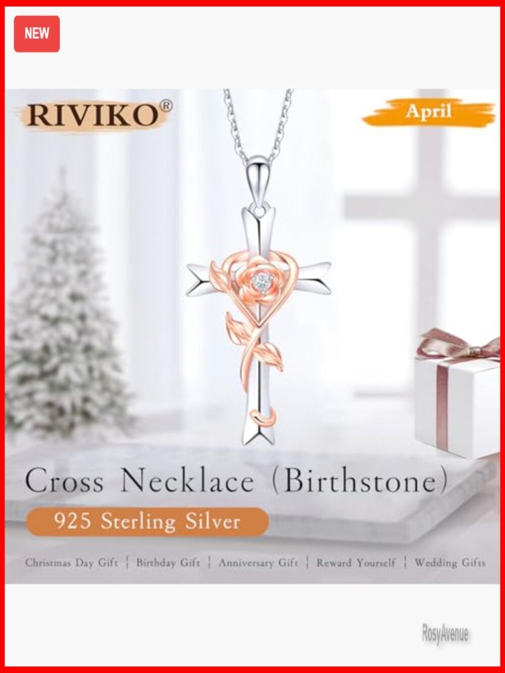 Sterling Silver Cross Rose Pendant Necklace with Birthstone Lobster Clasp - Picture 2 of 7